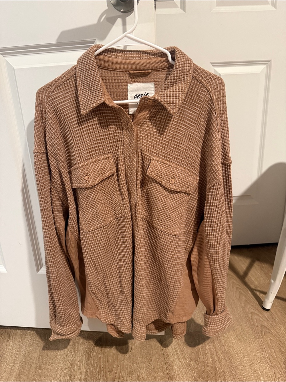 aerie Waffle-Knit Button-Up Shacket in Camel Brown